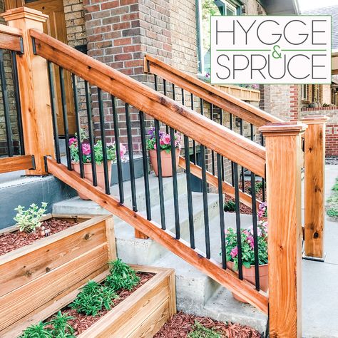 Adding a big curb appeal statement with Cedar & Iron Railing on our Front Porch Front Porch Railing Ideas, Porch Railing Designs, Adding Curb Appeal, Front Porch Railings, Porch Stairs, Front Porch Steps, Step Railing, Railing Designs, Front Porch Makeover