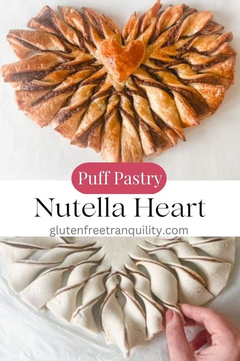 puff pastry heart on a white background. Puff Pastry Hearts Recipe, Nutella Twists, Nutella Heart, Puff Pastry Nutella, Puff Pastry Hearts, Filled Puff Pastry, Breakfast Puff Pastry, Pastry Hearts, Nutella Puff Pastry