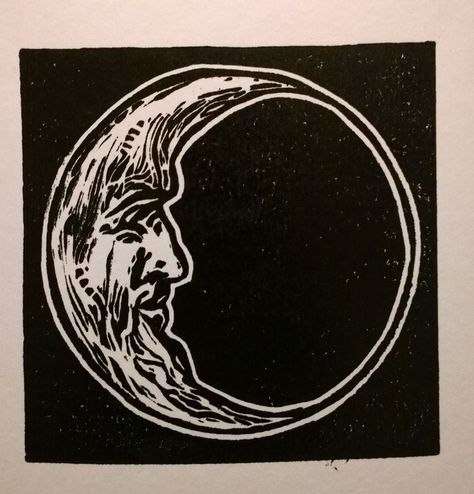 Lino Print Ideas Aesthetic, Astrology Linocut, Linocut Prints Aesthetic, Moon Block Print, Aesthetic Lino Print, Moon Lino Print, Linocut Template, Space Linocut, Moon Printmaking