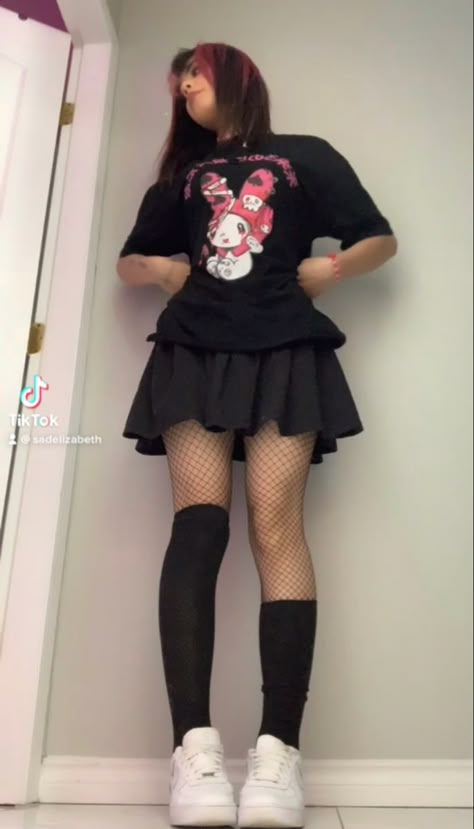 elizabethbtw on instagram! - goth alt aesthetic kawaii alternative hello kitty tennis skirt egirl depop thrift teenage dream fit indie emo y2k pink white black open rp fishnet lace cami vs Alternative Outfits With Skirt, Alt Skirt Outfits Aesthetic, Black Pink White Outfit, Black And Pink Emo Outfits, Cute Alt Outfits Pink, Pink White And Black Outfit, Kawaii Black Outfits, Alt Outfits With Skirt, Egirl Skirt Outfits Ideas