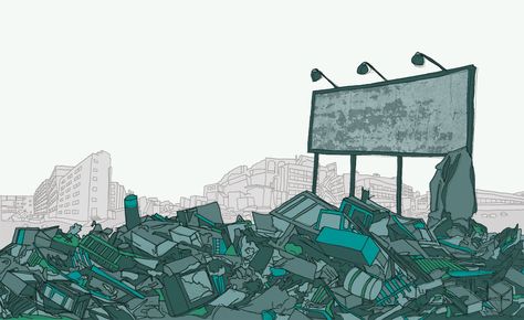 Emma Charleston - Graphic Design: A post apocalyptic wonderland Landfill Drawing, Landfill Illustration, Post Apocalyptic Drawing, Apocalyptic City Drawing, Post Apocalyptic Illustration, Post Apocalyptic Background, Post Apocalyptic Art, City Drawing, Background Drawing