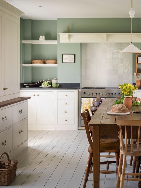 5 Cream-Colored Kitchen Cabinet Paints the Pros Swear By Cream Kitchen Units, Sage Green Kitchen Walls, Cream Colored Kitchens, Cream Colored Kitchen Cabinets, Green Kitchen Walls, Cream Kitchen Cabinets, White Shaker Kitchen Cabinets, Sage Green Kitchen, Gloss Kitchen