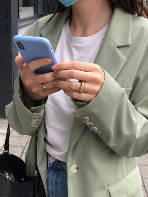 Sage green blazer summer outfit berska gold rings pastel croissant ring aesthetics instagram Pistachio Jacket Outfit, Pastel Tones Outfit, Sage Blazer Outfit, Light Green Blazer Outfit, Sage Green Blazer Outfit, Green Blazer Outfit Work, Green Blazer Outfits, Pastel Green Outfit, Sage Green Outfits