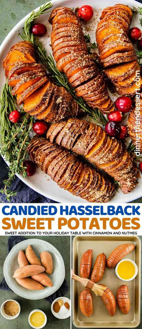 Candied Hasselback Sweet Potatoes are the perfect sweet side dish for the holidays with brown sugar, cinnamon, nutmeg, and ginger. Sweet Potato Hasselback Recipes, Hasselback Sweet Potato Recipes, Yams Side Dish, Hassleback Sweet Potatoes In Oven, Hasselback Sweet Potato, Hassleback Sweet Potatoes, Best Candied Yams Recipe, Roasted Sweet Potato Slices, Brown Sugar Sweet Potatoes