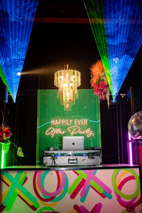 Electric wedding after party DJ setup Dj Setup Wedding, Dj Booth Decor, Electric Wedding, Indoor Festival, Dance Floor Vinyl, Floor Vinyl, Wedding Pool Party, Booth Decor, Dj Setup