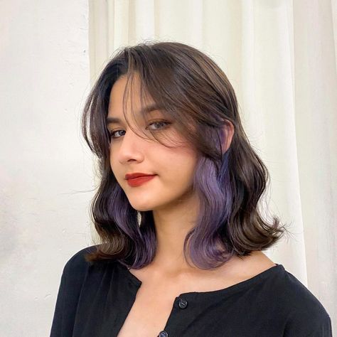 Lilac Hair Peekaboo, Purple In Hair Subtle, Peekaboo Hair Streak, Undercolor Hair Purple, Undercolor Hair Ideas Purple, Purple Hair Subtle, Mid Length Dyed Hair, Dark Purple Lowlights In Blonde Hair, Peekaboo Curtain Bangs