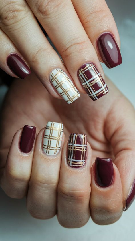 Flannel Nails Acrylic, Fall Plaid Nail Designs, Flannel Nails, Nails With Gold Accents, Fall Plaid Nails, Plaid Nail Designs, Plum Nails, Nails With Gold, September Nails