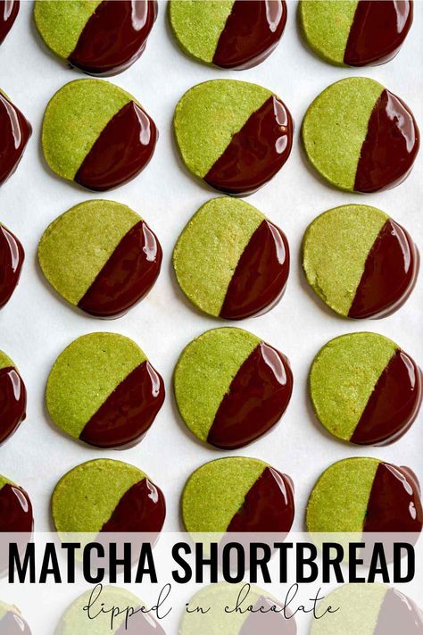 Combining matcha, shortbread, and rich dark chocolate is a match made in heaven. These cookies look gorgeous and taste even better. Matcha Chocolate Cookies, Matcha Fudge Recipe, Asian Inspired Cookies, Matcha Shortbread Cookies, Matcha Shortbread, Matcha Cookies Recipe, Holiday Bakes, Meal Planing, Dessert Snacks