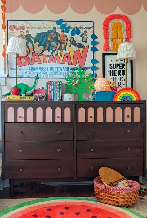 Nursery Ideas Eclectic, Maxamilist Wall Decor, Maximalist Nursery Decor, Vintage Eclectic Nursery, Eclectic Boy Nursery, Colorful Eclectic Nursery, Colourful Nursery Decor, Modern Colorful Nursery, Boy Nursery Colorful