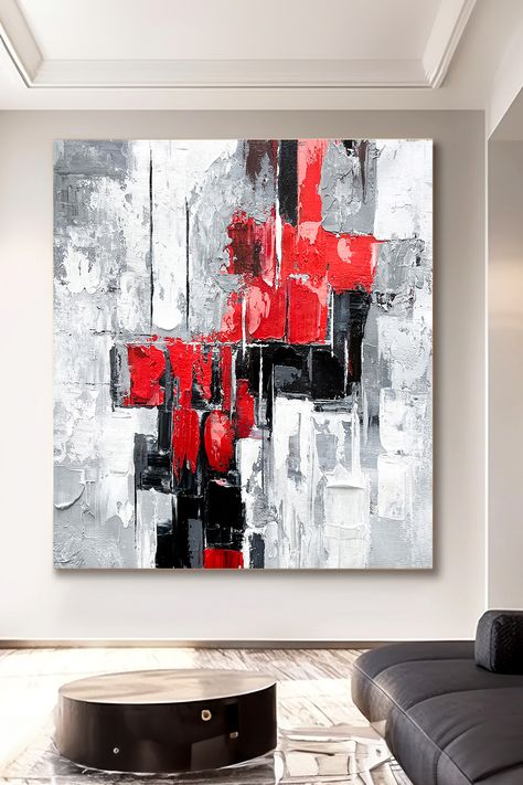 Original handmade abstract painting with bold red accents on textured gray background, perfect for modern wall art decor Gray Wall, Grey Wall Art, Red Art, Red Accents, Red And Grey, Gray Background, Abstract Wall, Abstract Wall Art, Color Splash