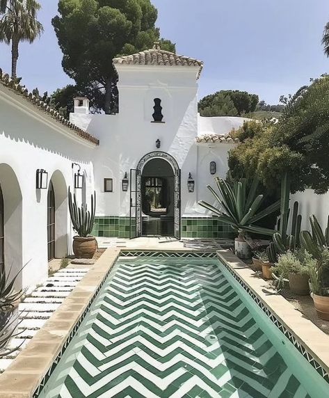 imperfectinteriors Spanish Courtyard, Greek Villas, Spain Spanish, Small Pool Design, 3d Concept, Andalusia Spain, Green Interior, Deco Decor, Spanish House