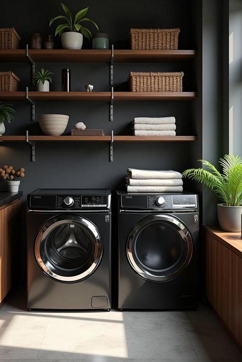 A compact and stylish small laundry room showcasing efficient storage and design ideas. Modern Laundry Room Ideas Small Spaces, Black Cabinet Laundry Room, Dark Laundry Room Ideas, Laundry Room Black Appliances, Black Washer And Dryer Laundry Room, Mud Room Utility, Laundry Room Black, Tiny Laundry Room, Room Ideas Dark