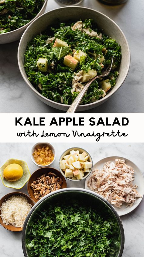 Kale Apple Salad in a bowl with ingredients underneath Kale Chicken Salad Recipes, Apple Kale Salad, Best Kale Salad Recipe, Lemon Dijon Dressing, Best Kale Salad, Kale Apple Salad, Lemon Kale Salad, Kale Chicken Salad, Recipe Kale