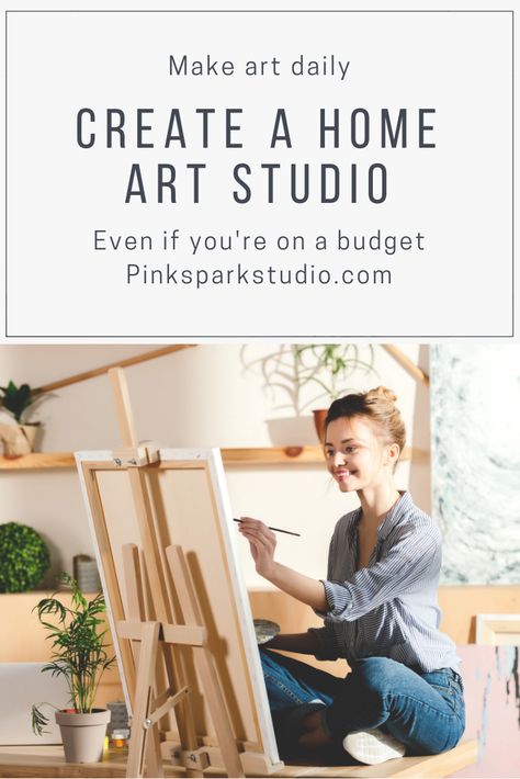 Create a home art studio - Pink Spark Studio Art Studio On A Budget, Small Creative Space Ideas, How To Make An Art Studio At Home, Home Art Studio Ideas Room Organization, Art Studio Must Haves, Art Studio In Bedroom Small Spaces, Small Art Studio At Home, Art Space At Home, Painting Studio Workspaces