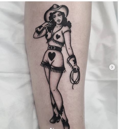 Greek God Traditional Tattoo, Cowgirl Pinup Tattoo Black And White, American Traditional Tattoos With Words, Cowboy And Cowgirl Tattoo, Lucky Traditional Tattoo, American Traditional Western Flash, Pinup Tattoo Cowgirl, Trad Cowgirl Tattoo, Cowboy Pinup Tattoo