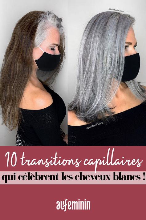 Longtemps camouflés, les cheveux blancs s’arborent désormais avec fierté. C’est un fait : le gris se démocratise et les transitions capillaires mises en avant dans cet article en sont la parfaite illustration ! #changementcapillaire #transitioncapillaire #cheveuxblancs #cheveuxgris #aufeminin Grey Hair Transformation, Gorgeous Gray Hair, Grey Hair Inspiration, Beautiful Gray Hair, Gray Hair Growing Out, Transition To Gray Hair, Blending Gray Hair, Gray Hair Highlights, Long Gray Hair