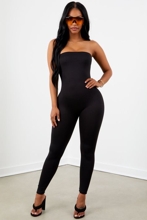 Solid Strapless Jumpsuit Black Black Unitard Outfit, Unitard Outfit, Black Unitard, Birthday Outfit For Teens, Hoop Dreams, Jumpsuits And Rompers, Top Band, Strapless Jumpsuit