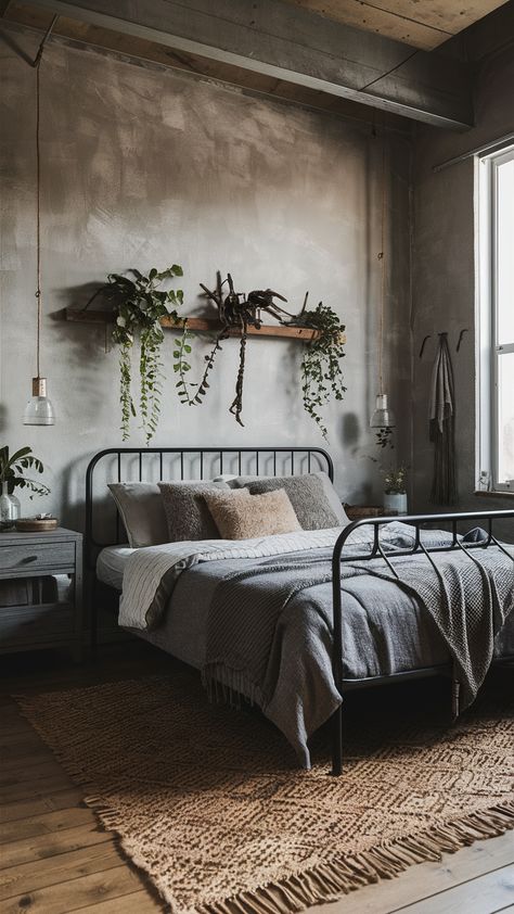 Guest Bedroom Ideas Iron Bed, Mixed Wood Tones Bedroom, Iron Bed Frame Bedroom Decor, Industrial Bedroom Design Small Spaces, Boho Industrial Bedroom, Bedroom Ideas Modern Farmhouse, Plants On The Wall, Modern Industrial Bedroom, Vintage Industrial Bedroom