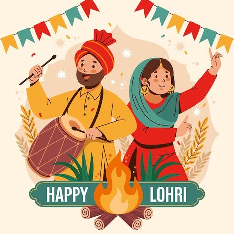 Flat illustration for lohri festival cel... | Premium Vector #Freepik #vector #lohri-festival #lohri #punjabi #indian-illustration Lohri Illustration, Punjab Illustration, Punjabi Drawing, Punjabi Illustration, Lohri Drawing, Lohri Pictures, Lohri Festival, Culture Activities, Punjab Culture