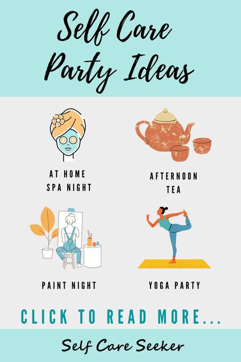 Looking for some self care party ideas for your next event? Have a self care day with friends by hosting a self care party. Repin and read this post from Self Care Seeker to get 11 self care party theme ideas from an at home spa night to a yoga party there are plenty of ways to enjoy self care with friends. #selfcarepartyideas Self Care Spa Night, Reiki Party Ideas, Self Care Night Ideas With Friends, Self Care Event Ideas, Self Care Retreat Ideas, Self Love Party Ideas, Yoga Themed Party, Self Care Birthday Ideas, Spa Event Ideas