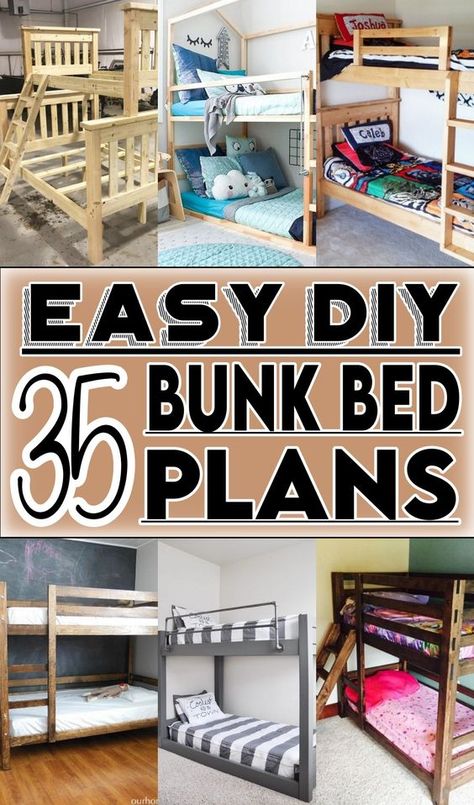 35 DIY Bunk Bed Plans For Lesser Space - The Newlywed Low Bunk Beds Diy, Diy Twin Bunk Beds, Diy Bunk Beds For Small Spaces, Bunk Bed Plans Diy, Building Bunk Beds, Bunkbed Bedroom Ideas, Homemade Bunk Beds, Small Bedroom Bunk Bed, Bunk Bed Diy