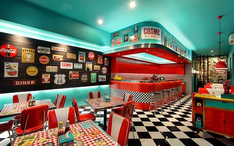 cosmic-3 Retro Diner Decor, Diner Aesthetic, Bali Restaurant, 1950s Diner, 50s Diner, Diner Decor, Vintage Diner, Retro Cafe, Legian