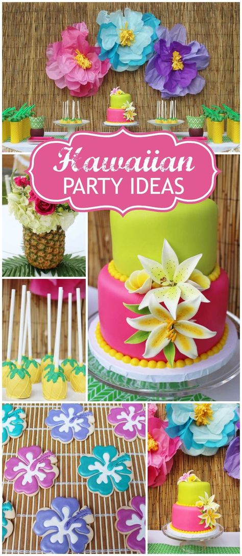 How gorgeous is this Hawaiian luau party. Loving the dessert table with beautiful luau birthday cake, hibiscus flower cookies, and bamboo backdrop with paper flowers. See more party ideas at CatchMyParty.com! Hawaiian Party Ideas, Luau Birthday Cake, Bamboo Backdrop, Tropical Decorations, Flowers Birthday Party, Hawaiian Desserts, Birthday Luau, Luau Food, Hawaiian Party Theme