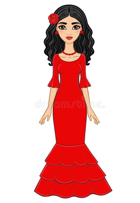 Animation Spanish girl in a red dress. stock illustration Spain Traditional Clothing, Traditional Clothing Drawing, Spanish Girl, Dress Vector, Hair Earrings, Spanish Dress, Girl Red Dress, Paper Doll Dress, Girl Drawings