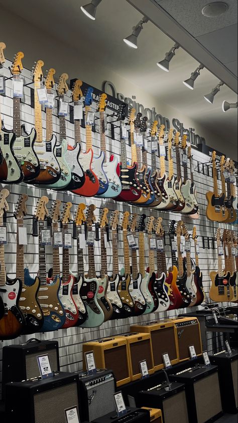 Guitars, electric guitars, music store, guitar aesthetic Guitar Shop Aesthetic, Guitar Electric Aesthetic, Guitar Aesthetic Electric, Music Shop Aesthetic, Guitar Aesthetic, Guitar Store, Music Things, Cool Electric Guitars, Guitars Electric