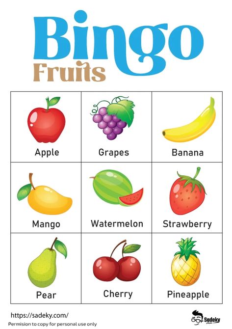 Fruit Bingo Cards Free Printable For Kids | Sadeky Fruit Bingo Free Printable, Vegetable Activity For Kids, Food Bingo, Fruit Quiz, Food Flashcards, Custom Bingo Cards, Game Night With Friends, Free Printable Bingo Cards, Game Fruit