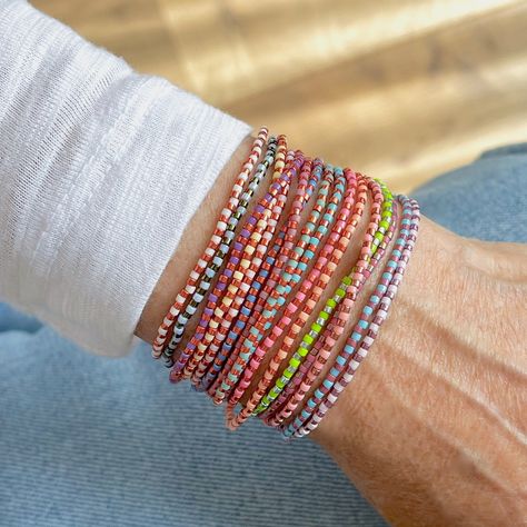 Wrap Beaded Bracelets | Dainty Seed Bead Stretch Wraps | Multicolor – Strands and Bands by Fran Seed Bead Bracelet Ideas, Bracket Ideas, Seed Bead Bracelets Diy, Bracelets Dainty, Bead Collection, Bracelets With Meaning, Beaded Cuff Bracelet, Multi Strand Bracelet, Beaded Headband