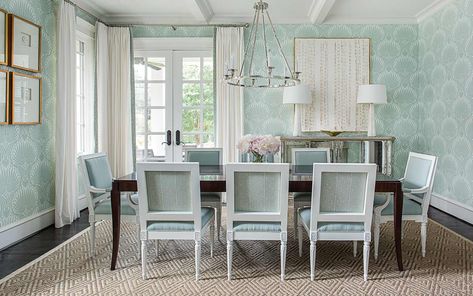 After holding onto furniture from the family patriarch’s bachelor days, Liza and Ryan Schlitt were ready for something serene. Dining Room Wallpaper Ideas, Doorway Trim, Room Wallpaper Ideas, Bamboo Dining Chairs, Brass Dining Table, Eclectic Dining Room, Eclectic Dining, Transitional Dining Room, Dining Room Wallpaper