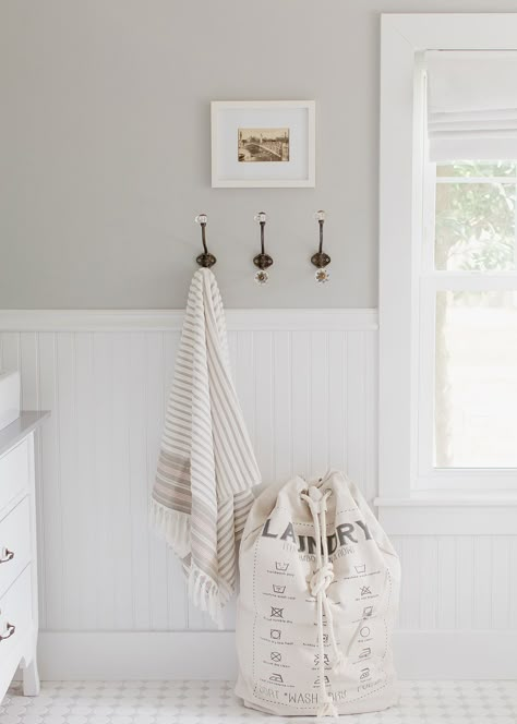 Wall paint color is Light French Gray from Sherwin Williams.  Beautiful light slight warm gray. Laine and Layne, The Home Co. | Light French Gray, Wall Paint Color, French Gray, Bathroom Paint, Favorite Paint Colors, Favorite Paint, Wall Paint Colors, Upstairs Bathrooms, Bathroom Colors