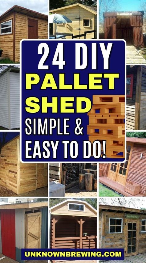 Build your own pallet shed with these easy-to-follow ideas. Building A Shed Out Of Pallets, Galvanized Shed Ideas, Pallet Clubhouse Diy, Things Made With Pallets, Palette Projects Diy, Diy Mini Pallet Ideas, Pallet Barn Diy, Diy Pallet Storage Ideas, Pallet Building Ideas