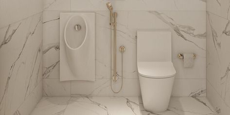 Would You Put a Urinal in Your Bathroom? Toilet And Urinal Bathroom, Urinals In Home Bathrooms, Bathroom With Urinal Ideas, Bathroom With Urinal And Toilet, Bathroom With Urinal, Urinal In Home Bathroom, Urinal Design, Bungalow Ideas, Bathroom Design Layout