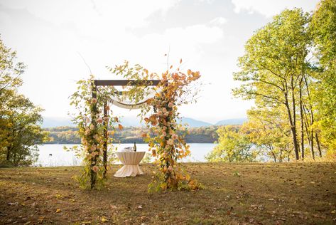 Lush Fall Chuppah with Leaves and Dahlias Ski Lodge Wedding, Jewish Wedding Chuppah, Birch Chuppah, Birch Tree Wedding, Wedding Chuppah, Jewish Wedding Ceremony, Rustic Wedding Venues, Lodge Wedding, England Wedding