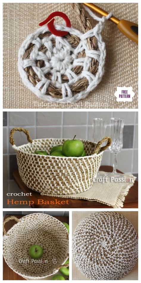 Crochet Hemp Rope Basket Free Pattern Basket Weaving Diy, Crochet Basket Pattern Free, Crochet Storage Baskets, Rope Diy, Crochet Storage, Diy Weaving, Crochet Basket Pattern, Crochet Rope, Rope Crafts