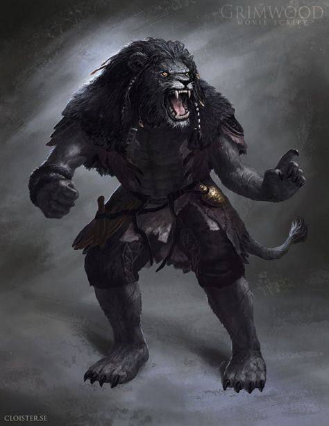 Grimwood Character Concept 2, Nicholas Cloister on ArtStation at https://www.artstation.com/artwork/wlmV Were Lion, Leonin D&d, Black Lion Art, Lion Warrior, Black Lion, Concept Illustration, Fantasy Races, Lion Art, Fantasy Monster