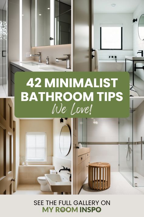 Explore 4 visually engaging images with 42 stunning minimalist bathroom tips for quick and easy renovations and decor ideas for a more stylish and serene space. Small Bathroom Refresh On A Budget, Neutral Minimalist Bathroom, White Minimal Bathroom, No Tub Bathroom Ideas, Guess Bathroom Ideas Decor Small Spaces, How To Style A Bathroom, Make Bathroom Look Bigger, Easy To Clean Bathroom Design, Guest Half Bathroom Ideas