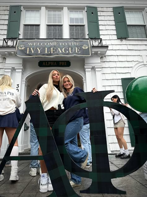 Welcome To The Ivy League Alpha Phi, Ivy League Bid Day Theme, Welcome To The Ivy League Bid Day, Alpha Phi Bid Day Themes, Ivy League Sorority, Sorority Picture Ideas, Alpha Phi Aesthetic, Ivy League Bid Day, Sorority Marketing