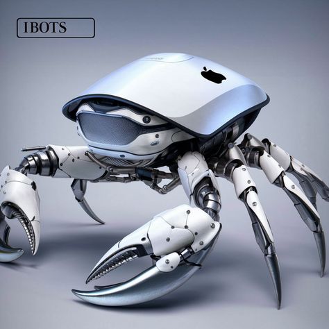 mechanical creation named “ibots” that takes inspiration from a crab’s form. The main body of the robot is crafted from the casing of an Apple product, as evidenced by the visible Apple logo. This detail suggests a repurposing of familiar technology into a new, imaginative form. All. the parts are glossy white. Crab Robot, Mechanical Animals, Alien Plants, Inktober 2024, The Robot, Robot Design, Robots Concept, Robot Art, Robot Concept Art