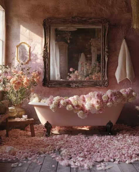 Imagine you woke up and see this ♥️🌸 #floraldesign #dream #dreamer #wakeuplikethis #beautifulrooms #love #pinkaesthetic #inmydreams #inspiration #fantasyworld #witchaesthetic #heavenonearth #flowersofinstagram #flowershome #interiordesign #homesweethome #cottagecore #dreamcoreaesthetic #pastelcolors Room Full Of Flowers Romantic, Flower Bath Aesthetic, Floral Bathtub Photoshoot, Royal Bathtub Aesthetic, Ethereal Floral Photoshoot, Dreamcore Aesthetic, W.i.t.c.h Aesthetic, Aesthetic Light, Romantic Art