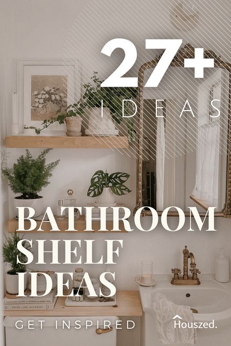 Shelves Around Bathroom Mirror, Bathroom Ledge Shelf, Decorated Bathroom Shelves, Bathroom Storage Shelf Ideas, Shelves In Bathroom Wall Shelves, Styled Bathroom Shelves, In Wall Shelves Bathroom, Bathroom Wall Shelving Ideas, Guest Bathroom Shelf Decor