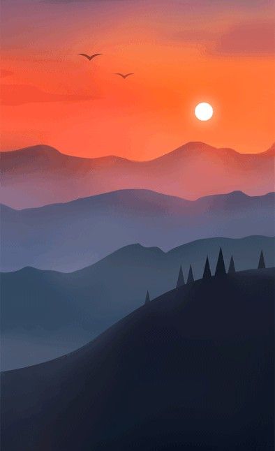 Animated Mountains, Mountain Sunset Drawing, Mountain Background Drawing, Sunset Mountains Painting, Mountain Animation, Background Art Ideas, Sunset Animation, Sunset Mountain Painting, Weather Drawing