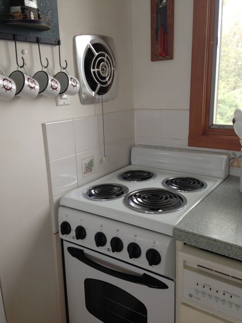 My Cottage Kitchen with Vintage Nutone Fan with Operational Pull Chain Wall Exhaust Fan Kitchen, Kitchen Exhaust Fan Ideas, Ranch Interior, Old Style Kitchen, Fan Kitchen, Pantry Renovation, Midcentury Kitchen, Kitchen Fan, Wall Exhaust Fan