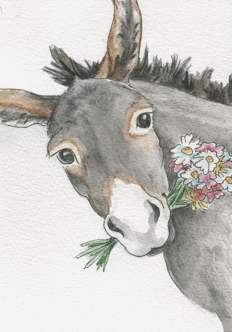 Watercolor. Ink. 4x6 inches Watercolor Donkey Tutorial, Drawing Exercises, The Donkey, Tote Bag Design, Book Illustration, Animal Drawings, Painted Rocks, Animal Art, Moose Art