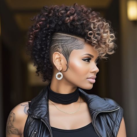 64 short hairstyles for black women to Look Chic and Stylish Mohawk Ponytail Short Hair, Mohawk Ponytail Black Women, Mohawk Curly Hair, Mohawk For Black Women, Curl Mohawk, Braided Mohawk Black Hair, Curly Mohawk Hairstyles, Braided Mohawk Hairstyles, Mohawk Haircut