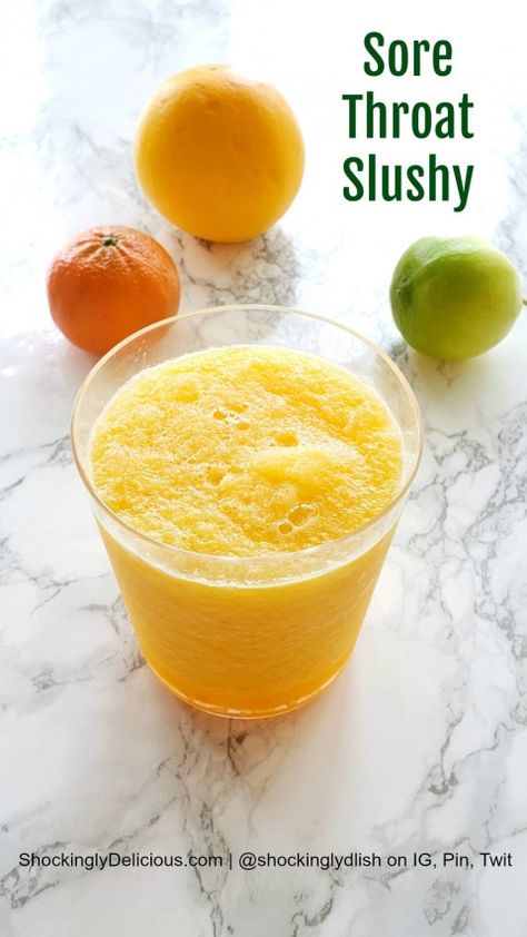 Sore Throat Slushy: A cooling, soothing, cooling, citrusy slushy that will tame a sore throat, offer extra Vitamin C for an impending cold, and make everything better. This is good for what ails you. On ShockinglyDelicious.com #shockinglydelicious  #slushy  #sorethroat Foods For Sore Throat, Scalp Sores, Help Sore Throat, Drinks For Sore Throat, Good For Sore Throat, Throat Soothing, Throat Tea, Sores On Scalp, Meals For Kids