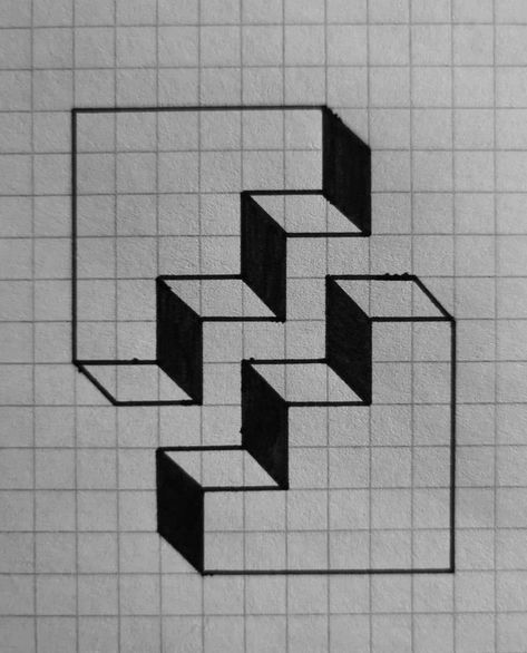 Drawing Ideas Squared Paper, Pixel Line Art, 3d Square Drawing, Graph Paper Drawings Easy, 3d Drawings Easy, Graph Paper Art Easy, 3d Pencil Drawings, Optical Illusion Drawing, Armband Tattoos