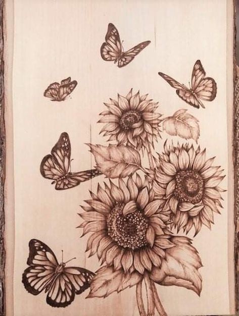 Flower Wood Burning Patterns, Sunflower Wood Burning Patterns, Pyrography Flowers, Wood Burning Flowers, Burning Flowers, Beautiful Paintings Of Nature, Wood Clock Design, Tre Kunst, Wood Burning Tips